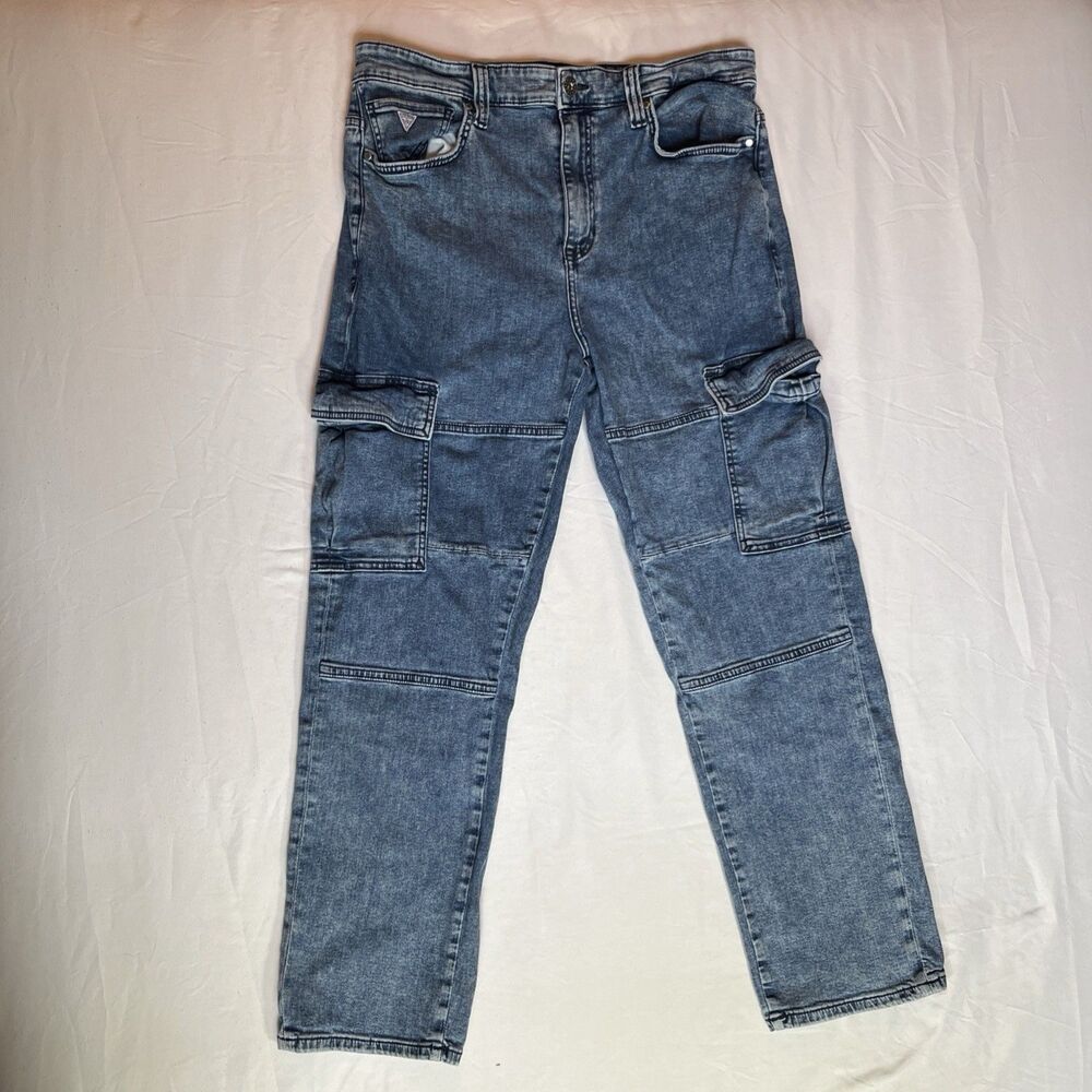 Guess Cargo Jeans Mens Size 34x30 Blue Denim Leg Utility Pockets Medium Wash Y2K